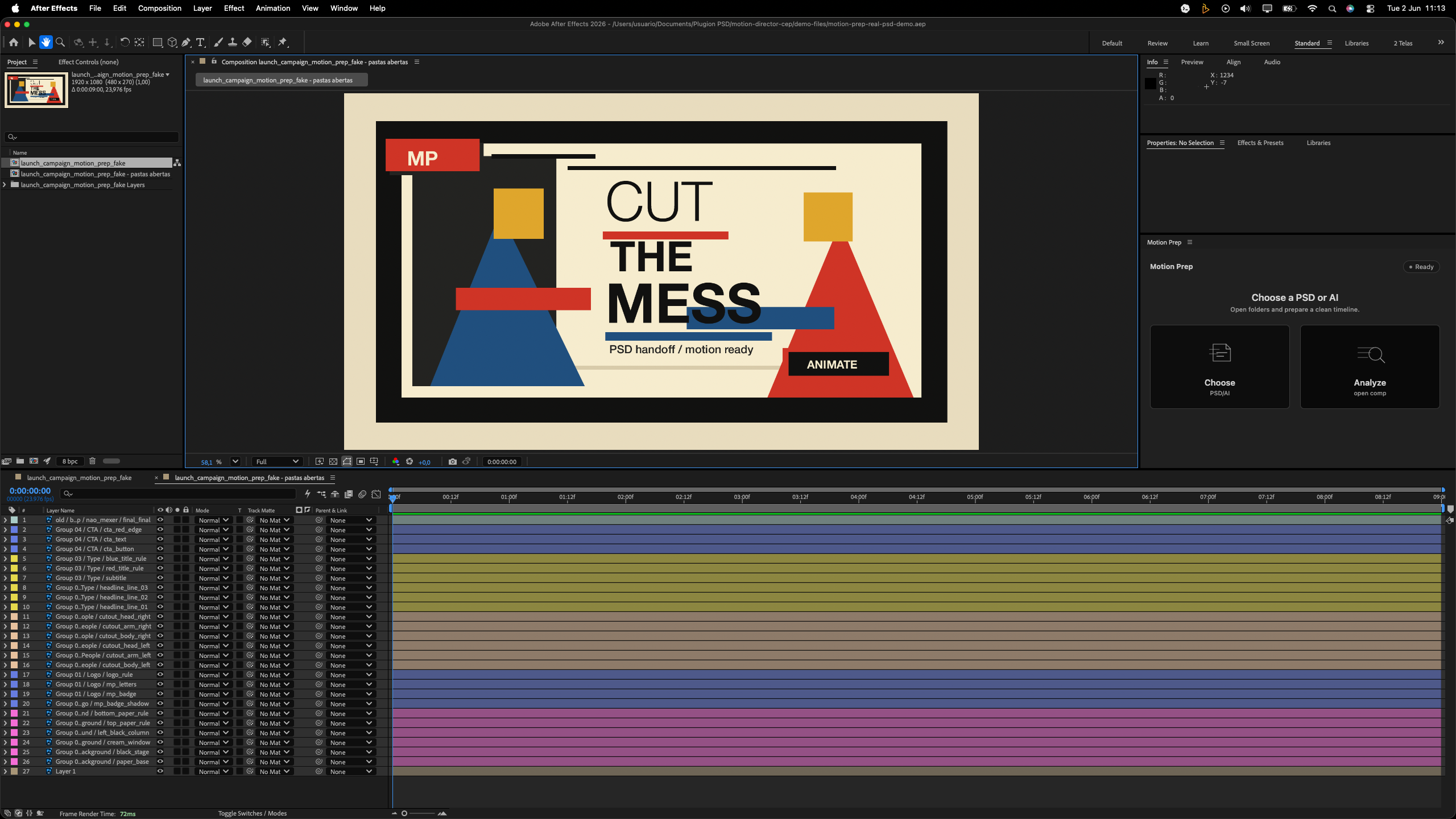 After Motion Prep: opened PSD layers in an After Effects timeline