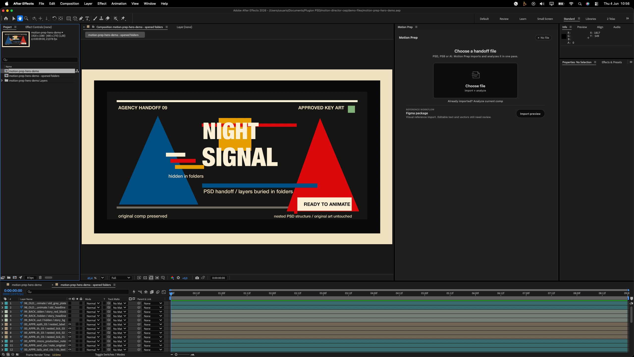 After Motion Prep: Night Signal PSD layers opened in an After Effects timeline